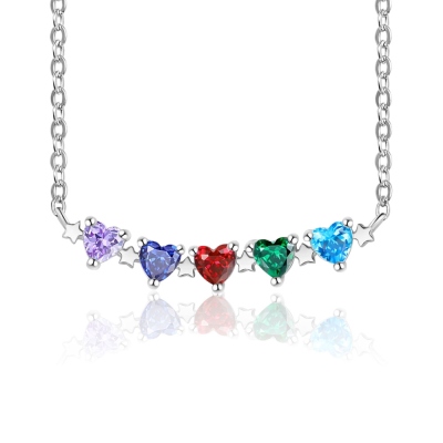 Custom Heart Birthstones Necklace with Stars, Sterling Silver 925 Family Birthstone Jewelry, Birthday/Anniversary/Mother's Day Gift for Mom/Her/Sister