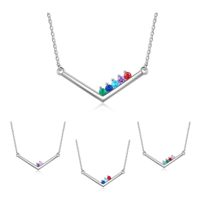 Custom Birthstones V-Shaped Bar Necklace, Sterling Silver 925 Family Birthstone Jewelry, Birthday/Anniversary/Mother's Day Gift for Mom/Her/Sister