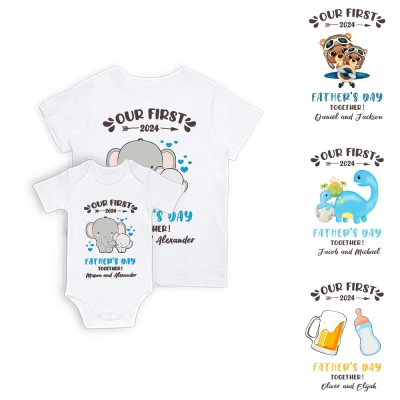 Custom Our First Father's Day Parent-Child Clothing Matching Shirts, Elephant Bear Cotton Daddy T-Shirt & Baby Bodysuit Set, Gift for New Dad/Newborn