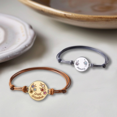 Personlig Birthstone Blomsterberlock Läderrep Armband, Birthstone Armband, Damsmycken, Födelsedags-/Morsdagspresent till mamma/mormor/henne
