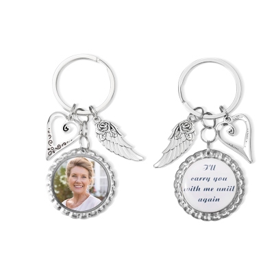 Personalized Photo Small Disc Keychain with Wings, Heart Charm Keychain, Memorial Keychain, Sympathy Gift, Bereavement Gift, Gift for Her/Family