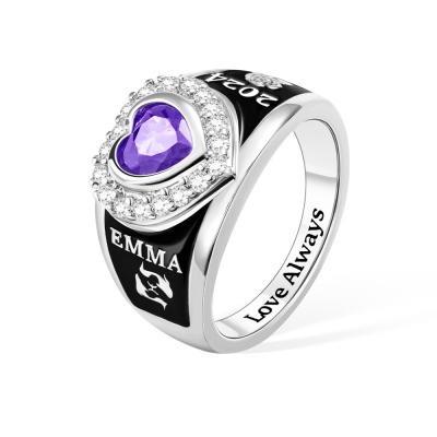 Custom Heart Birthstone Women Class Ring with Engraved Text, High School College & University Graduation Ring, Gift for Class of 2024 Graduates