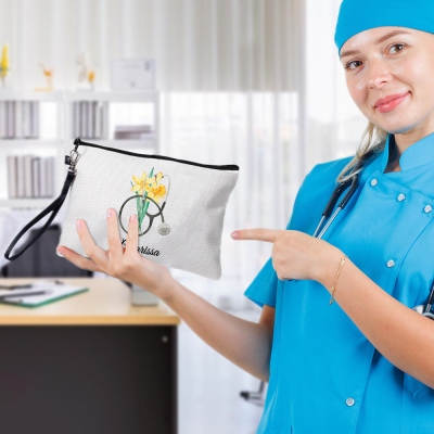 Personalized Birth Flower Nurse Cosmetic Bag with Stethoscope, Custom Name Makeup Zipper Bag, Appreciation/Graduation Gift for Doctor/Medical Staff