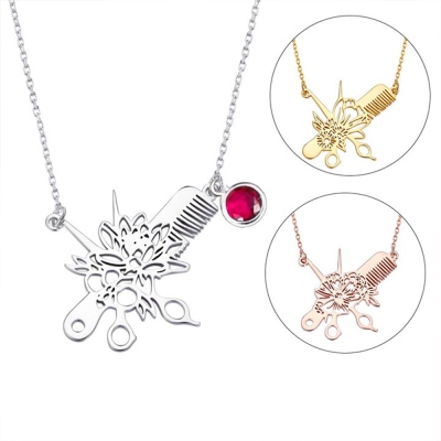 Custom Hairdresser Necklace with Birth Flower & Birthstone, Scissors & Comb Necklace, Hairstylist Jewelry, Gift for Hairdresser/Hairstylist/Barber