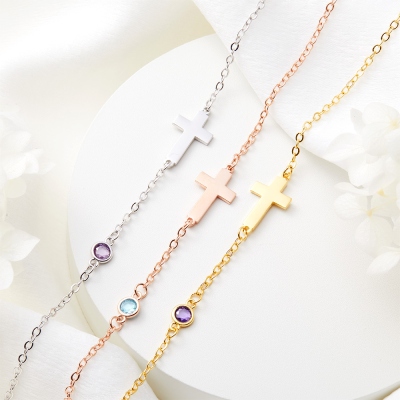 Custom Birthstone Cross Bracelet, Sterling Silver 925 Women's Birthstone Jewelry, Baptism/Christening/First Communion Gift for Mom/Her/Family/Friends