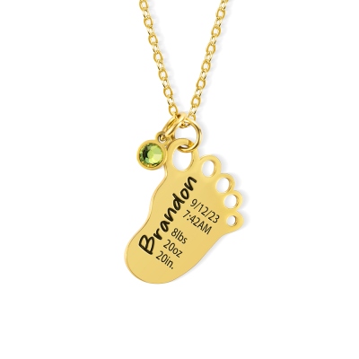 Personalized Baby Birth Stats Footprint Necklace with Birthstone, Newborn Birth Announcement Jewelry, Baby Shower Gift, Mother's Day Gift for New Mom