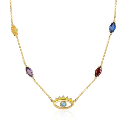 Personalized Evil Eye Gemstone Guardian Necklace, Custom 1-5 Birthstones Necklace for Her, Protection Jewelry, Gift for Family/Mother/Grandma/Sister
