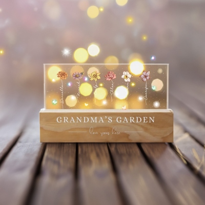 Custom Grandma's Garden Birth Flower LED Night Light with Wooden Base and Name, Birthday/Christmas/Mother's Day Gift for Wife/Grandma/Mom