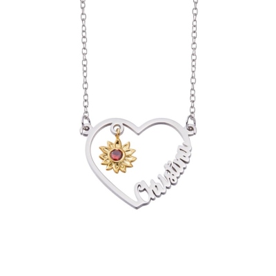 Custom Heart Name Necklace with Birthstone Sunflower, You Are My Sunshine Necklace, Birthday/Valentine's Day/Mother's Day Gift for Her/Mom/Family