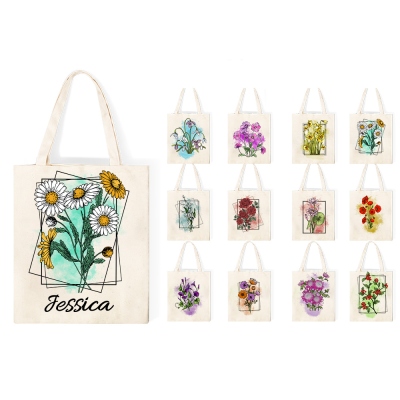 Personalized Birth Flower Bouquet Canvas Shoulder Bag, Handmade Reusable Shopping Tote Bag, Bachelorette Party Favor, Birthday Gift for Mom/Women/Her