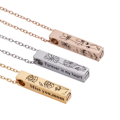 Personalized Birth Flower Engraved Urn Bar Necklace, Custom Cremation Urn Necklace for Ashes, Memorial Jewelry, Sympathy Gift for Family/Friend/Her