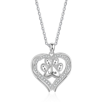 Personalized Dog Paw Necklace with Heart Wing, Customized Pet Name Sterling Silver Necklace, Pet Memorial Jewelry, Gift for Pet Loss/Dog Mom/Her
