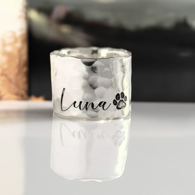 Personalized Name Pet Paw Print Ring, Sterling Silver 925 Adjustable Thumb Ring, Chunky Wide Band Pet Memorial Ring, Gift for Pet Lover/Owner