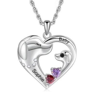 Personalized Dog Baby & Dog Mom Heart Necklace, Custom Kid's Name Sterling Silver Necklace with Birthstones, Birthday/Mother's Day Gift for Mom/Women