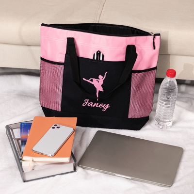 Personalized Glitter Ballerina Tote Bag with Name, Large Capacity Canvas Multi-pocket Zippered Travel Tote Bag, Birthday Gift for Dancer/Ballerina