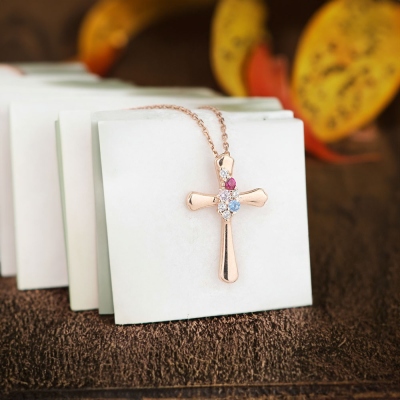 Collier croix avec pierre de naissance personnalisé, collier crucifix délicat en argent sterling, cadeau de baptême/première communion, cadeau pour la famille/ami/femme