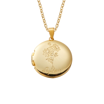 Custom Birth Flower Photo Locket Necklace with Engraved Name, Memorial Jewelry, Mother's Day/Birthday Gift for Mom/Grandma/Family