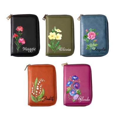 Custom Watercolor Birth Flower Leather Travel Notebook Organizer, With Name & Notebook, Travel Accessories, Birthday/Christmas Gift for Travel Lovers