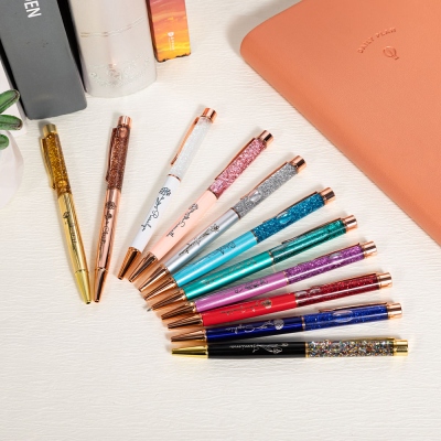 Custom Engraved Name Birth Flower Floating Glitter Pens, Bling Dynamic Liquid Sand Pens Set of 2, Graduation/Appreciation Gifts for Students/Teachers