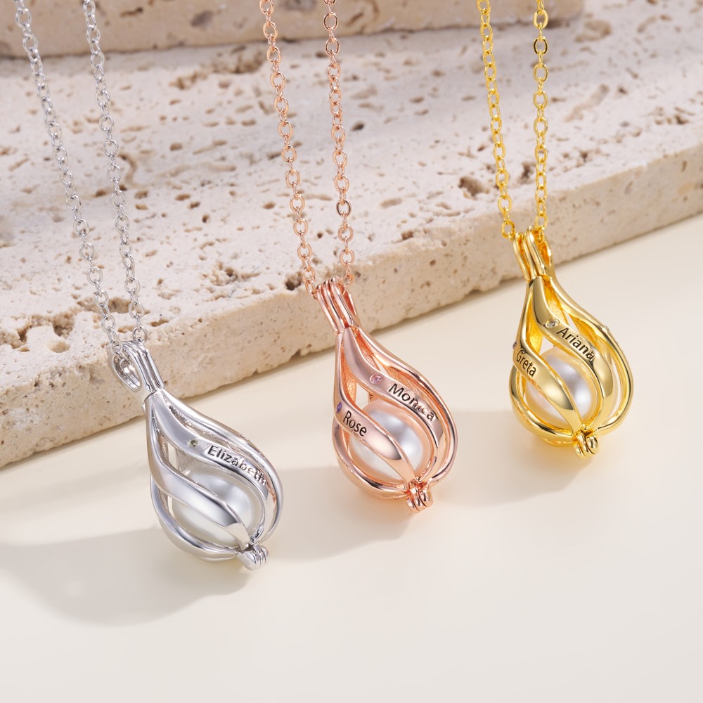 Colar de pérolas com nome personalizado e pedra de nascimento, pingente de gaiola com pérola, joias de pedra de aniversário de família, presente de dia das mães/aniversário para mãe/avó/ela