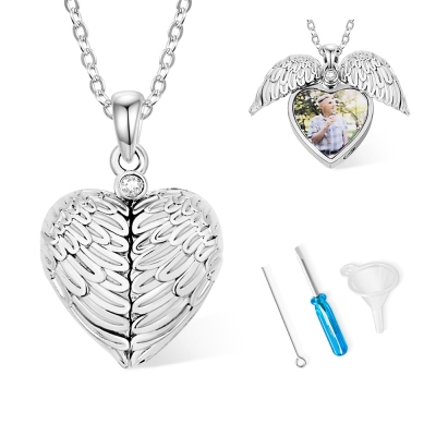Custom Photo Angel Wing Cremation Urn Necklace for Ashes, Sterling Silver 925 Cremation Jewelry, Memorial Keepsake, Gift for Pet Loss/Baby/Friend