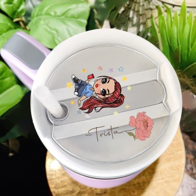 Personalized Cartoon Fashion Girl Tumbler Topper, Custom Birth Flower Tumbler Name Plate, Cup Accessory, Birthday/Christmas Gift for Women/Girls