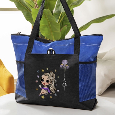 Personalized Fashion Girl Tote Bag with Birth Flower & Name, Large Capacity Zipper Handbag with Mesh Pocket, Birthday/Christmas Gift for Women/Girls