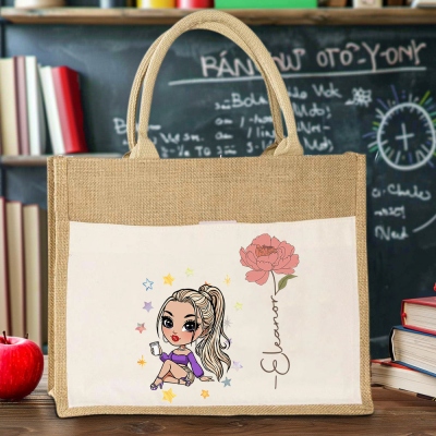 Personalized Fashion Girl Tote Bag with Birth Flower & Name, Large Capacity Burlap Jute Bag with Front Pocket, Birthday/Christmas Gift for Women/Girls