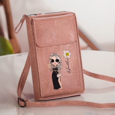 Personalized Fashion Girl Mobile Phone Wallet with Birth Flower & Name, Retro Leather Crossbody Bag, Birthday/Christmas Gift for Mom/Wife/Girlfriend