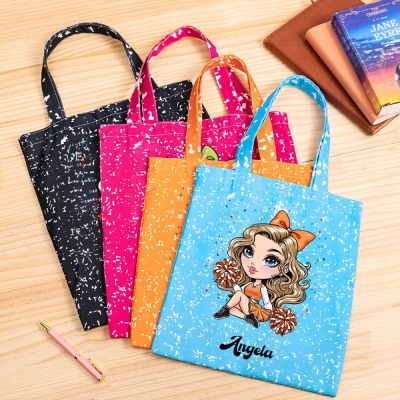 Personalized Colorful Cheerleading Girl Canvas Tote Bag, Reusable Grocery Shopping Cloth Bag, Gift for Cheerleaders/Coaches/Cheerleading Fans