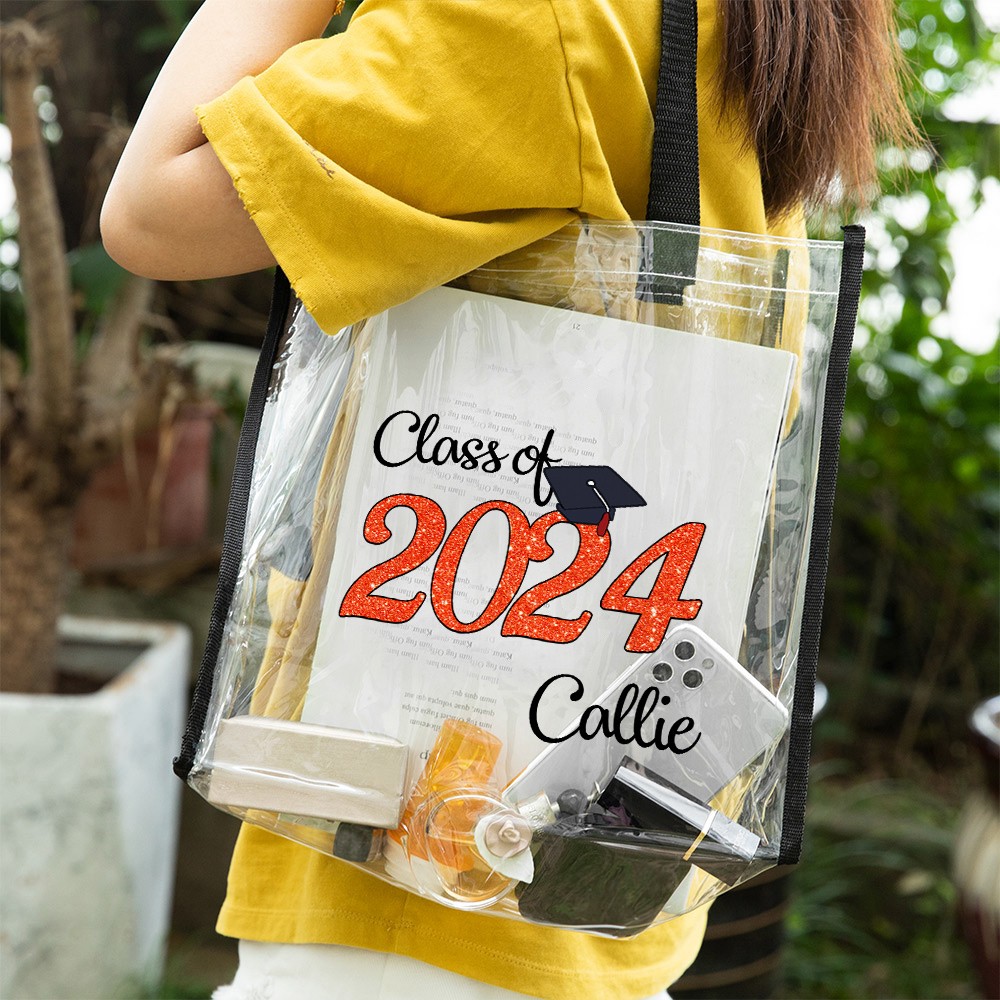 Custom Clear Class of 2024 Graduation Tote Bag, Large Capacity Bachelor Cap Waterproof PVC Stadium Bag, Graduation Gift for Students/Family/Friends