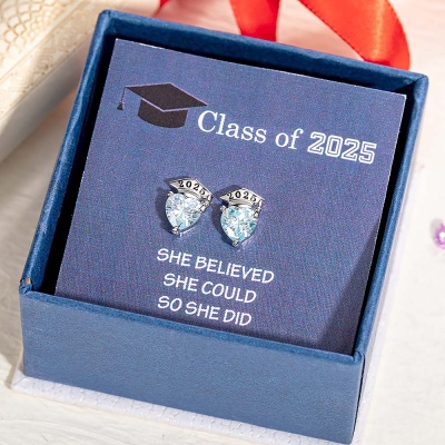 Custom Graduation Cap Stud Earrings with Birthstones, Heart Post Earrings, Class of 2026 Graduation Jewelry, Graduation Gifts for Her/Family/Friends