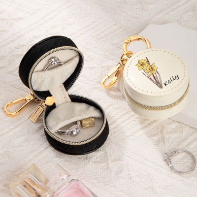 Custom Name & Birth Flower Mini Travel Jewelry Box, Retro Leather Ring Holder with Keyring, Birthday/Mother's Day/Anniversary Gift for Mom/Wife/Her