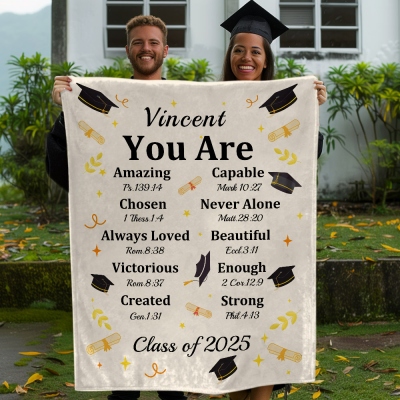 Custom Name Inspirational Bible Verses Graduation Blanket, Flannel/Sherpa Soft Bed Couch Throw, Class of 2026 Keepsake, Gift for Graduates/Students