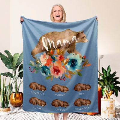 Personalized Names Floral Mama Bear & Cubs Blanket, Flannel/Sherpa Soft Bed Couch Throw, Home Decor, Birthday/Mother's Day Gift for Wife/Mom/Grandma