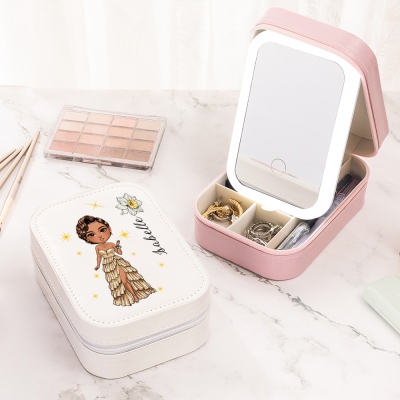 Personalized Prom Queen Makeup Mirror Box with LED Lights, Custom Name & Birth Flower Leather Jewelry Box, Travel Accessories, Gift for Girls/Women