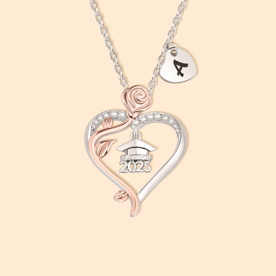 Custom Rose Heart Graduation Necklace with Engraved Initial Charm, Class of 2026 Bachelor Cap Jewelry, Graduation Gift for Girls/Daughter/Sister