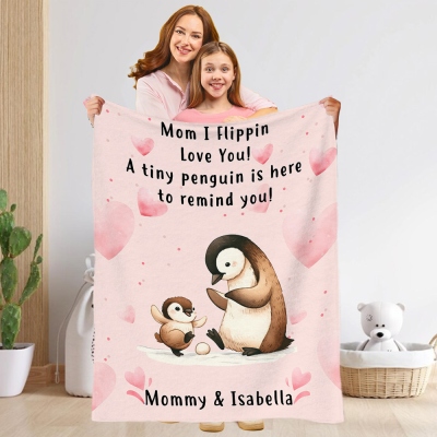 Personalized Penguin Mama and Baby Blanket with Name, Flannel/Sherpa Soft Bed Couch Throw, Nursery Room Home Decor, Mother's Day Gift for Mom/Grandma