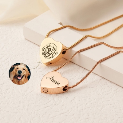 Collar de urna con forma de corazón grabado personalizado con nombre y foto de mascota. Collar de urna pequeño para cenizas de mascotas. Joya de cremación. Regalo de condolencias por la pérdida de una mascota.