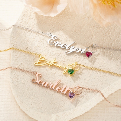 Personalized Name Necklace with Heart Birthstone, Sterling Silver 925 Name Necklace, Valentine's Day/Mother's Day/Birthday Gift for Her/Mom/Bestie