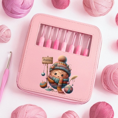 Custom Name Cartoon Yarn Ball Crochet Hooks with Leather Bag, Ergonomic Crochet Tools Set of 9, Birthday/Christmas Gift for Her/Mom/Knitting Lovers