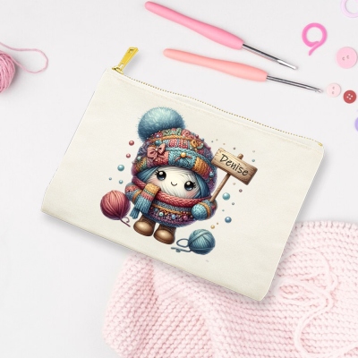 Custom Name Cartoon Beanie Scarf Yarn Ball Crochet Hook Bag, Canvas Knitting Needle Zippered Storage Bag, Crochet Accessory, Gift for Knitting Lovers