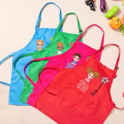 Personalized Mini Boss Cartoon Kid Pocket Apron & Chef Hat, Custom Name & Birth Flower Apron Set, Kitchen Accessory, Birthday Gift for Kids