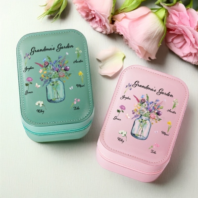 Custom Names & Birth Flowers Grandma's Garden Vase Makeup Box with Three-Color LED Light Mirror, Travel Makeup Jewelry Box, Gift for Mom/Grandma