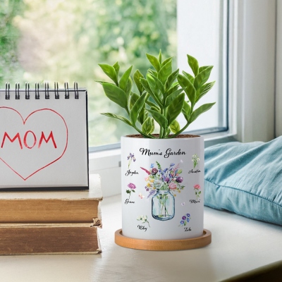 Custom Names & Birth Flowers Plant Pot, Grandma's Garden Vase Design Ceramic Planter with Drainage & Bamboo Tray, Mother's Day Gift for Mom/Grandma