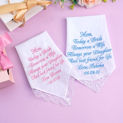 Personalized Embroidered Wedding Lace Handkerchief with Name & Date, Cotton Handkerchief, Wedding Keepsake, Wedding Gift for Mother of the Bride