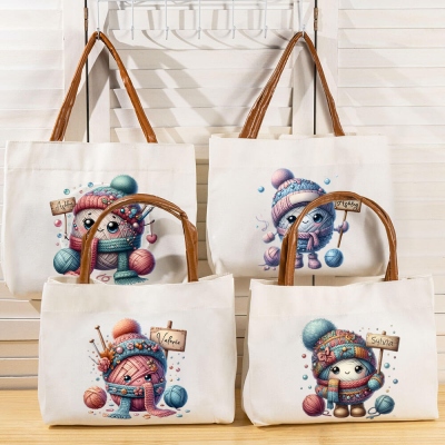 Personalized Name Cartoon Beanie Scarf Yarn Ball Tote Bag, Large Capacity Canvas Handbag with Leather Handle, Gift for Knitting Lovers/Mom/Women