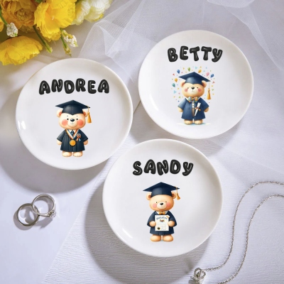 Personalized Cartoon Graduation Bear Jewelry Dish with 3D Bubble Name, Class of 2025 Ceramic Trinkets Tray, Gift for Graduates/Students/Friends