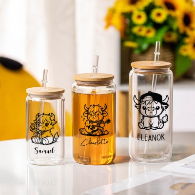Personalized Name Baby Highland Cow Glass Cup, 12/16/20oz Tumbler with Straw & Bamboo Lid, Birthday/Christmas Gift for Cow Lovers/Kids/Family