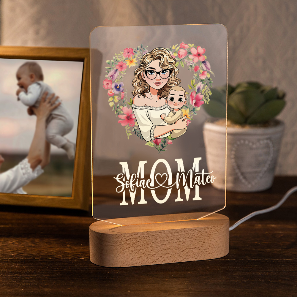 Personalized Name Mom & Child Cartoon Character Night Light with Flower Heart, Night Lamp with Wooden Base, Mother's Day/Birthday Gift for Mom/Kid